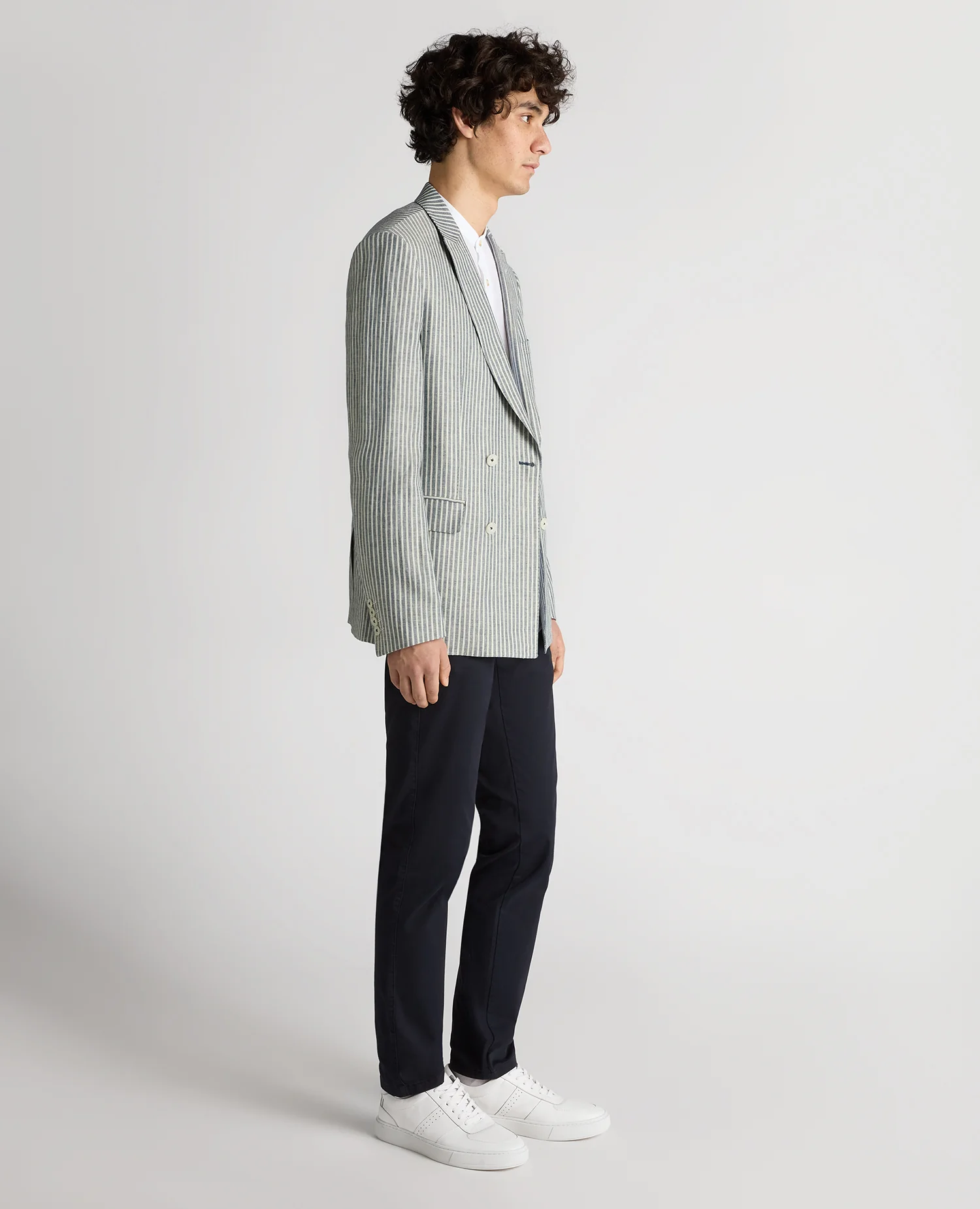 Slim Fit Linen-Blend Double-Breasted Pinstripe Jacket - Image 4