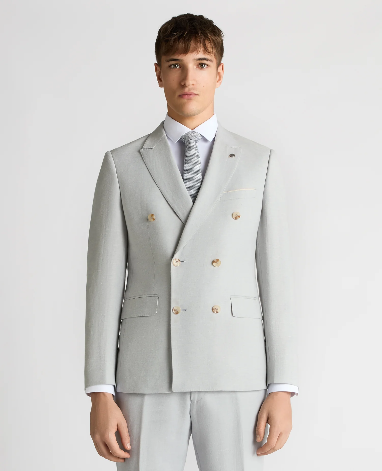 Slim Fit Double-Breasted Linen-Blend Suit Jacket