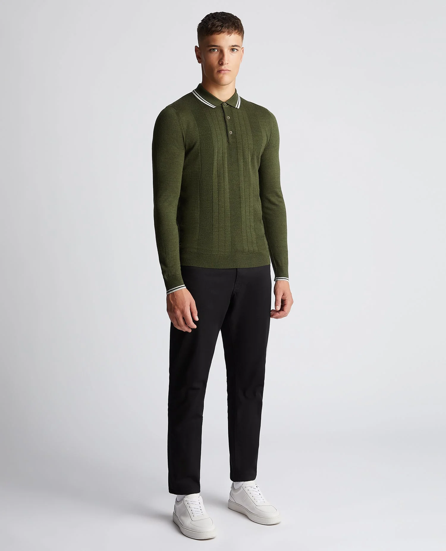 Slim Fit Merino Wool-Blend Long Sleeve Knitted Polo - Image 3