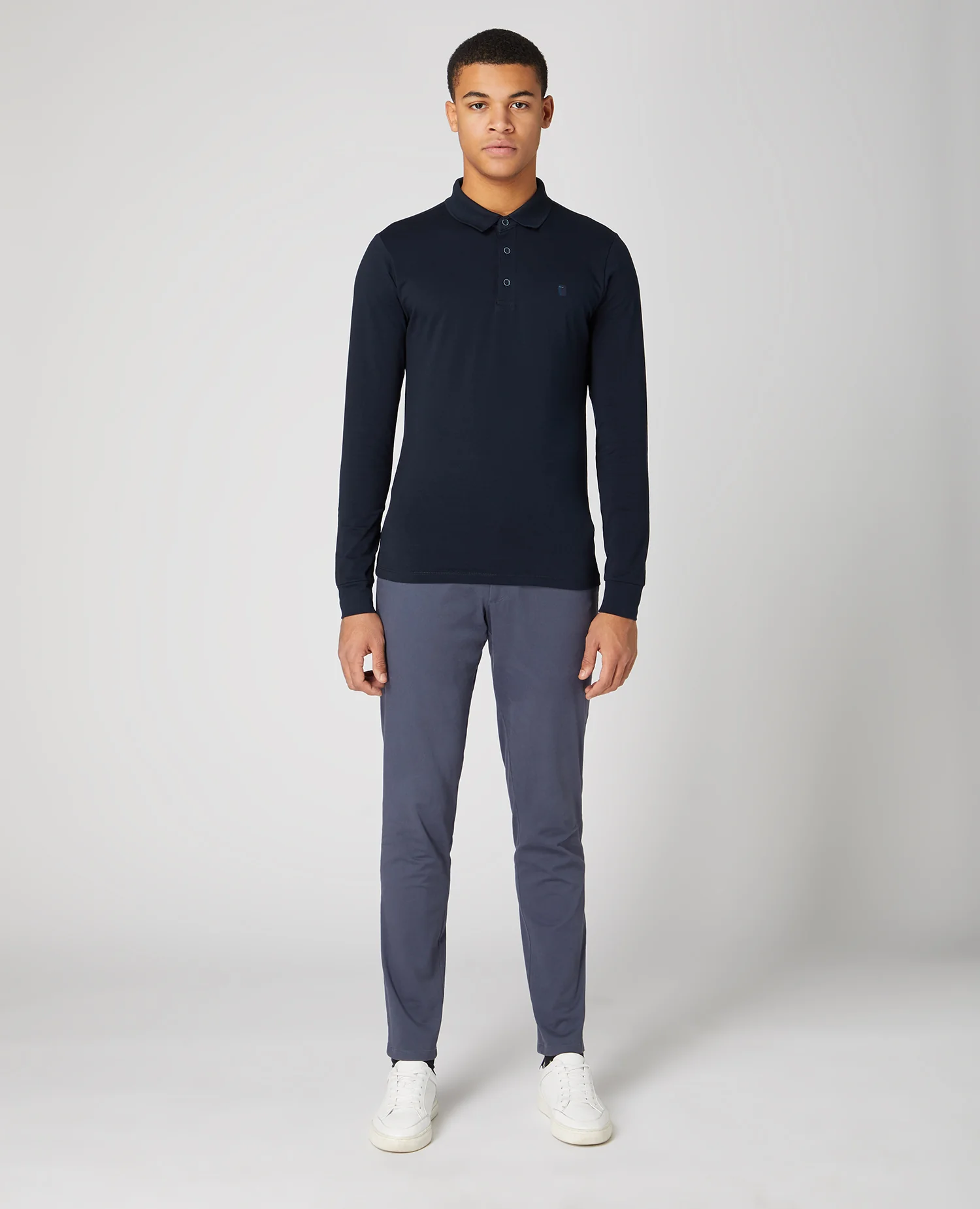 Tapered Fit Cotton-Stretch Long-Sleeve Polo Shirt - Image 2