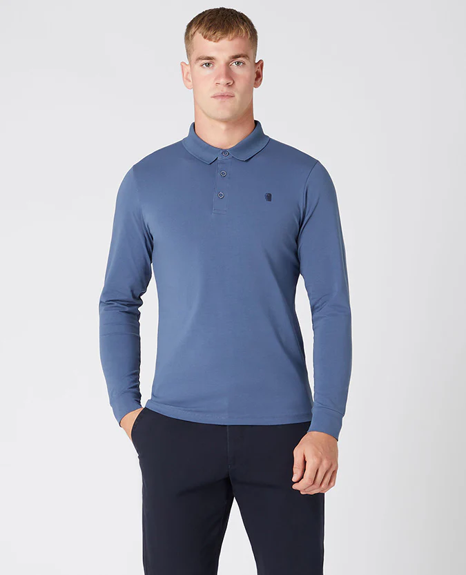 Tapered Fit Cotton-Stretch Long-Sleeve Polo Shirt