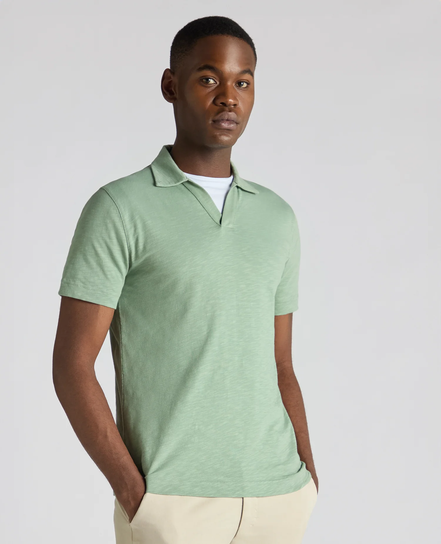 Tapered Fit Open Collar Cotton Polo